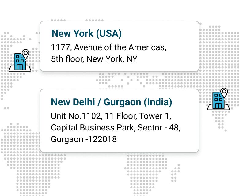 World map background showing two location cards with addresses: New York, USA at 1177 Avenue of the Americas, 5th floor; and New Delhi / Gurgaon, India at Capital Business Park, Sector 48, Gurgaon.